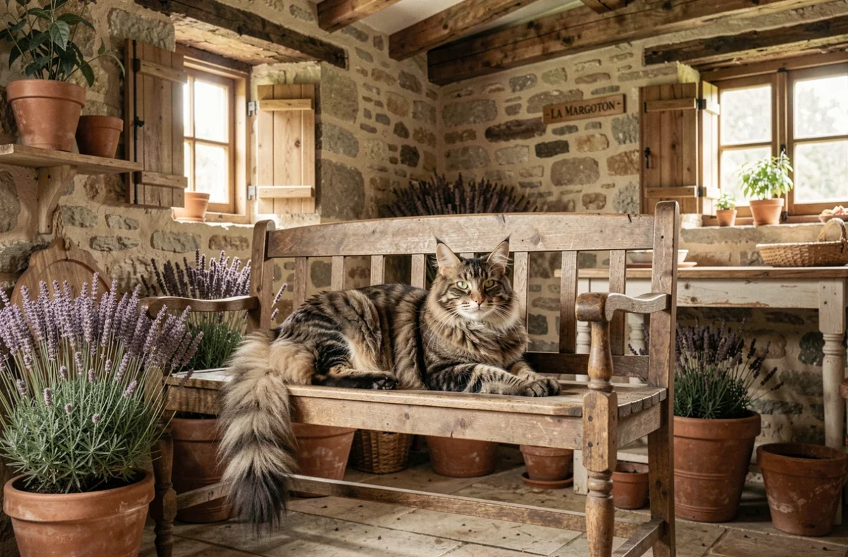 Maine Coon majestueux aux oreilles touffues allongé sur un banc en bois dans l'ambiance rustique et champêtre de la chatterie de la Margoton