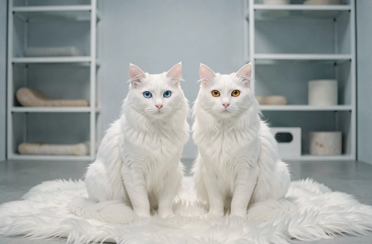 Deux chats Angora turc blancs aux yeux vairons assis côte à côte sur un tapis en peau de mouton dans l'univers épuré et glacé de la chatterie des Iris Polaires