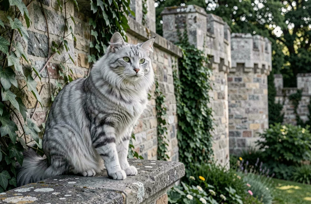 Chat Norvégien argenté posé sur un parapet en pierre dans un jardin à l'ancienne, rappelant l'univers de la chatterie des Remparts du Maine
