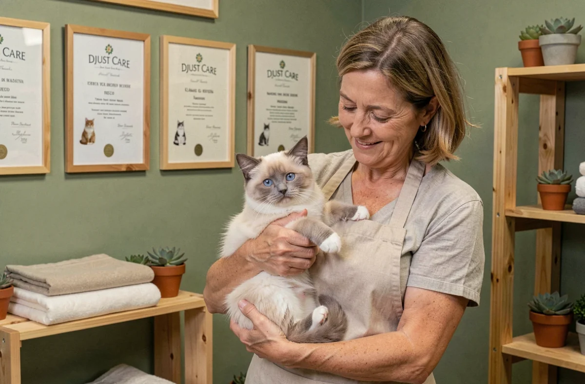 Éleveuse tenant tendrement un chaton Ragdoll aux yeux bleus dans la pièce soignée et chaleureuse de la chatterie Djust Care