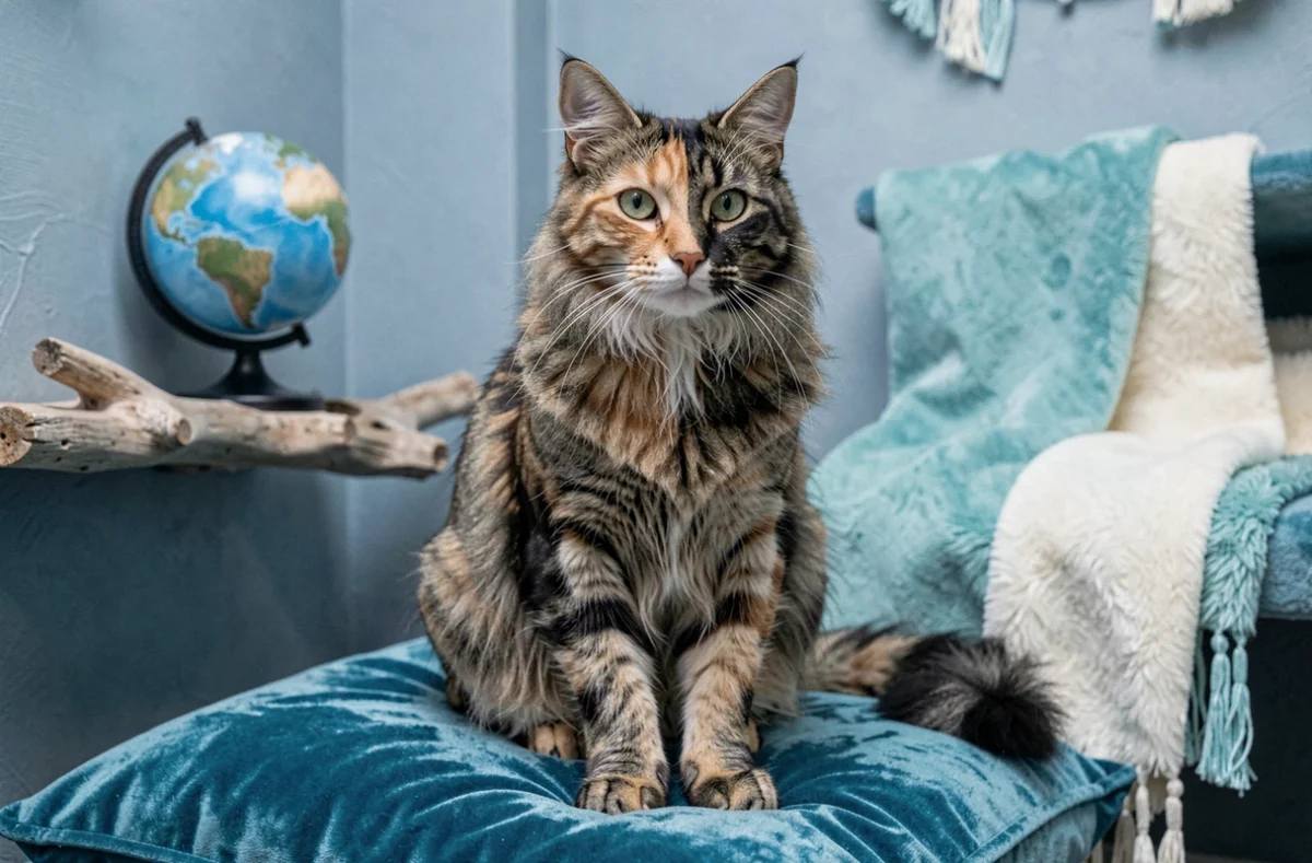 Chat Sibérien tricolore au pelage dense posé sur un coussin de velours dans la décoration aux accents polaires et arctiques de la chatterie Les Perles d'Ushuaia