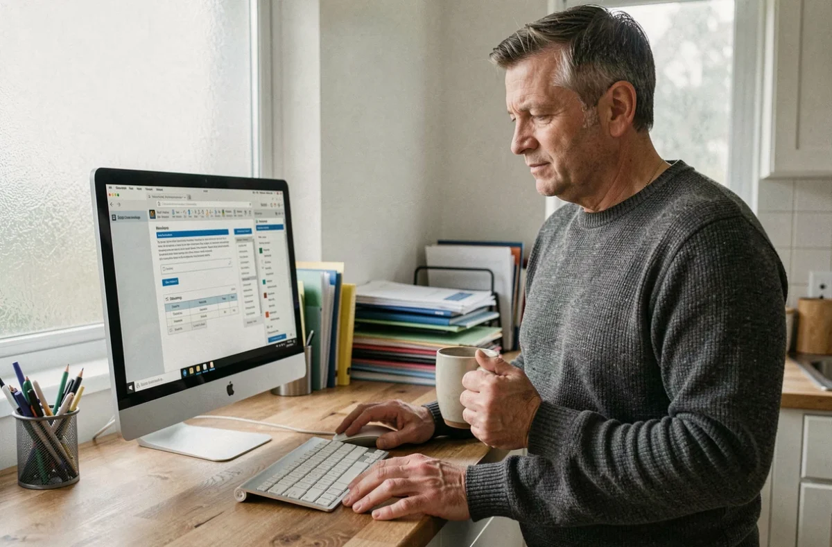 Chef d'entreprise consultant un contrat d'assurance RC professionnelle en ligne depuis son bureau à domicile