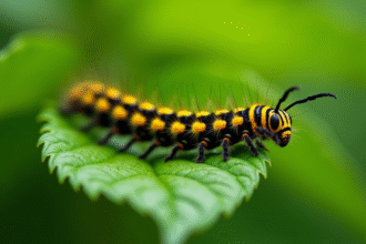 Chenille jaune et noire sur une feuille verte lumineuse