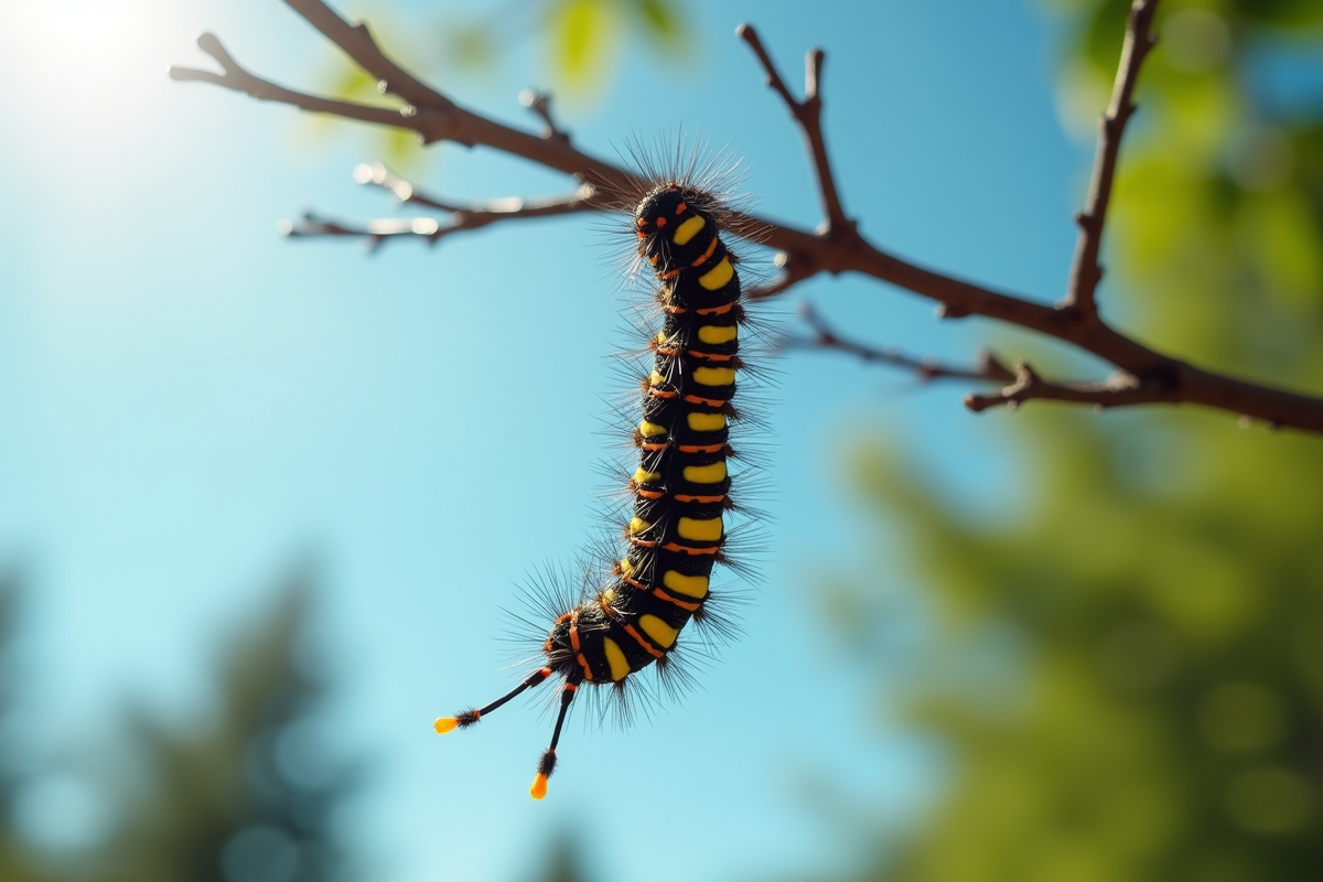 Chenille suspendue à une branche vue de dessous en plein jour