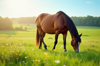 Cheval broutant dans un pré ensoleillé avec fleurs sauvages