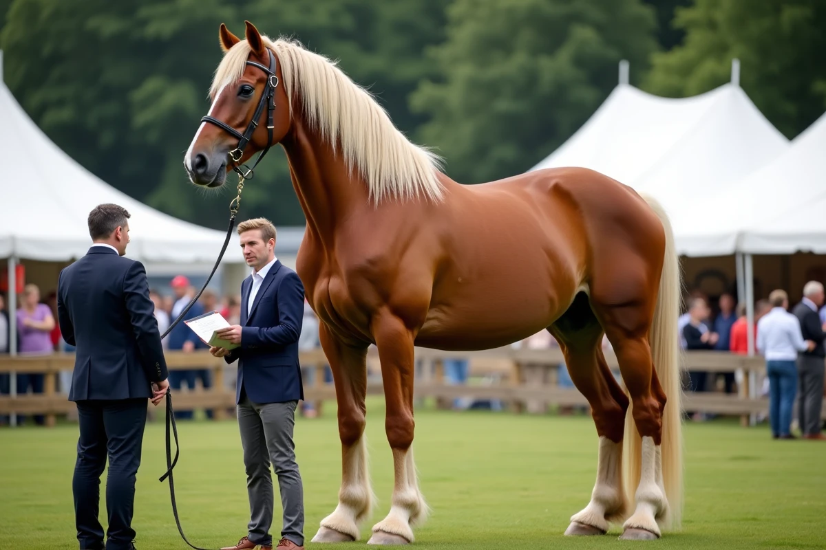Cheval de trait belge de grande taille évalué par des juges lors d'un concours agricole en plein air, représentant les compétitions des plus grands chevaux du monde