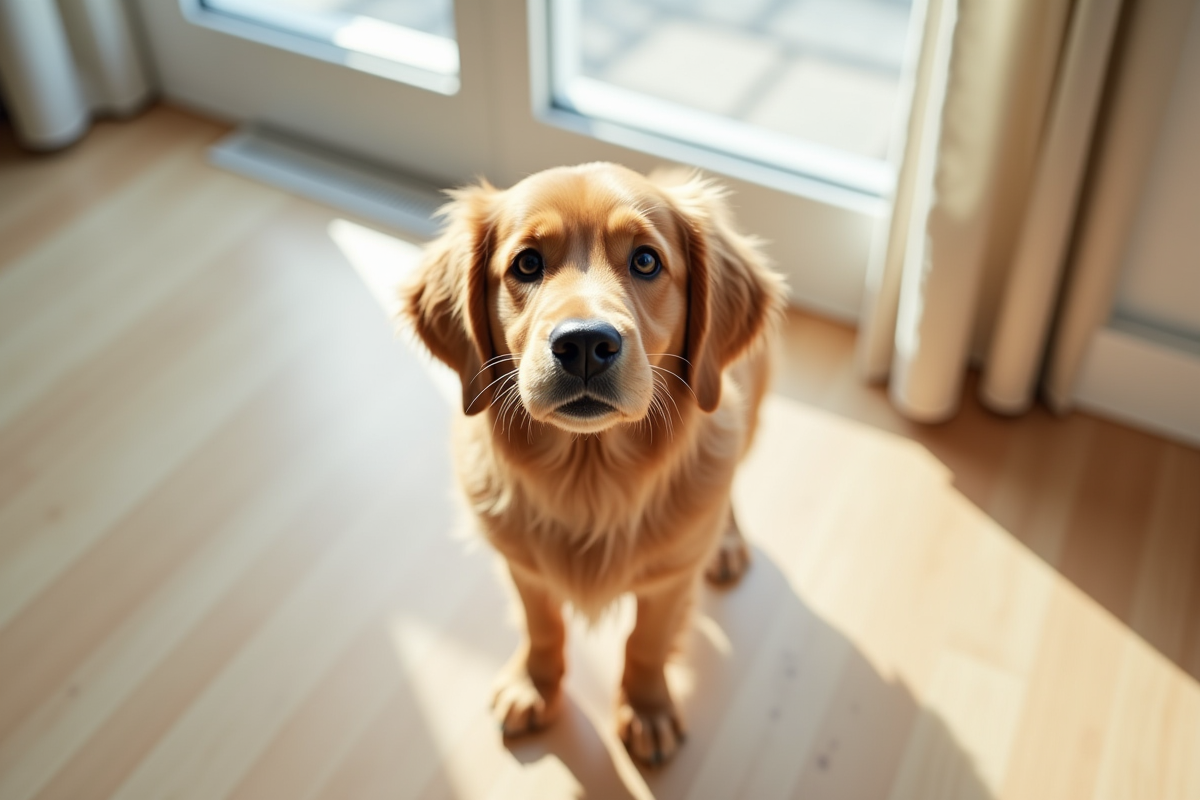 Chien golden retriever adulte dans une maison lumineuse