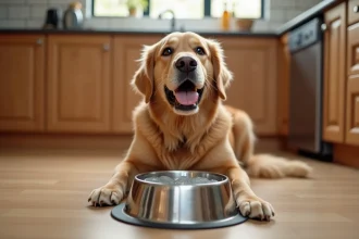 Chien golden retriever avec mousse blanche autour de la bouche assis près de son bol d'eau dans une cuisine