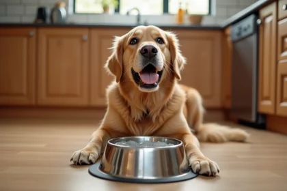 Chien golden retriever avec mousse blanche autour de la bouche assis près de son bol d'eau dans une cuisine