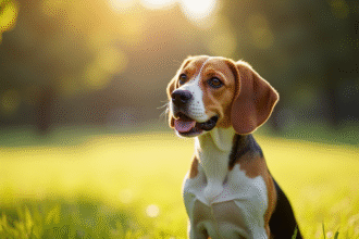 Beagle assis dans un parc ensoleille avec lumière naturelle