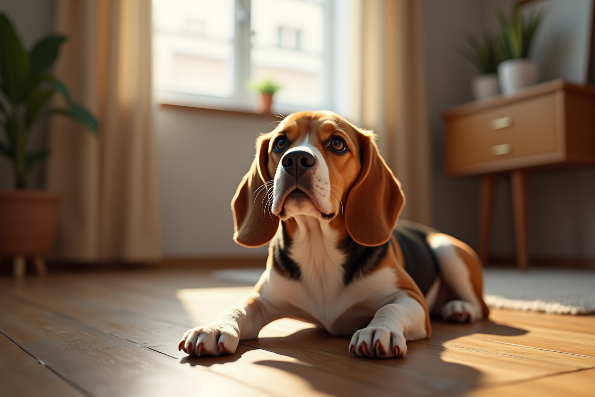 Beagle dans un intérieur cosy allongé sur le sol en bois