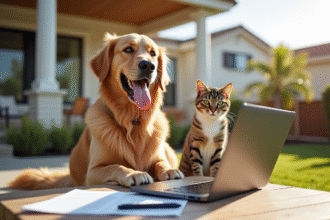 Golden retriever et chat tigré sur un porche en Californie avec documents d'assurance