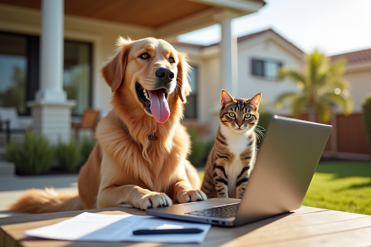 Golden retriever et chat tigré sur un porche en Californie avec documents d'assurance