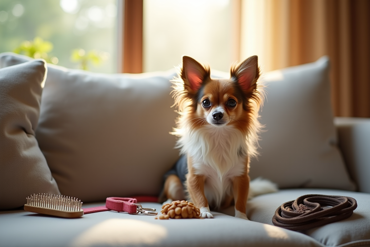 Chihuahua papillon sur un canapé avec accessoires de soin à la maison