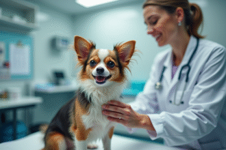 Chihuahua papillon examiné par un vétérinaire dans une clinique moderne