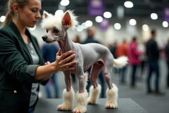 Chien chinois à crête sans poils sur une table de toilettage lors d'un concours du chien le plus moche en 2026