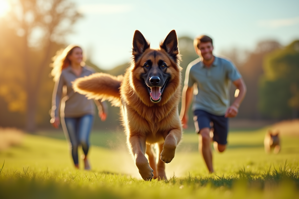 Chien mixte berger allemand et Newfoundland courant dans le parc