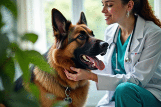 Chien mixte berger allemand et Newfoundland chez le vétérinaire