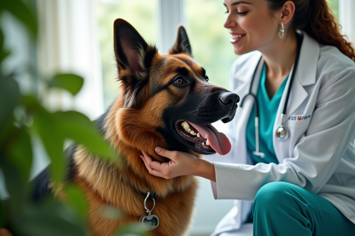 Chien mixte berger allemand et Newfoundland chez le vétérinaire