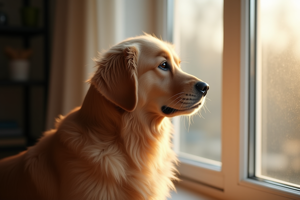 Golden retriever regardant par la fenetre en lumiere douce