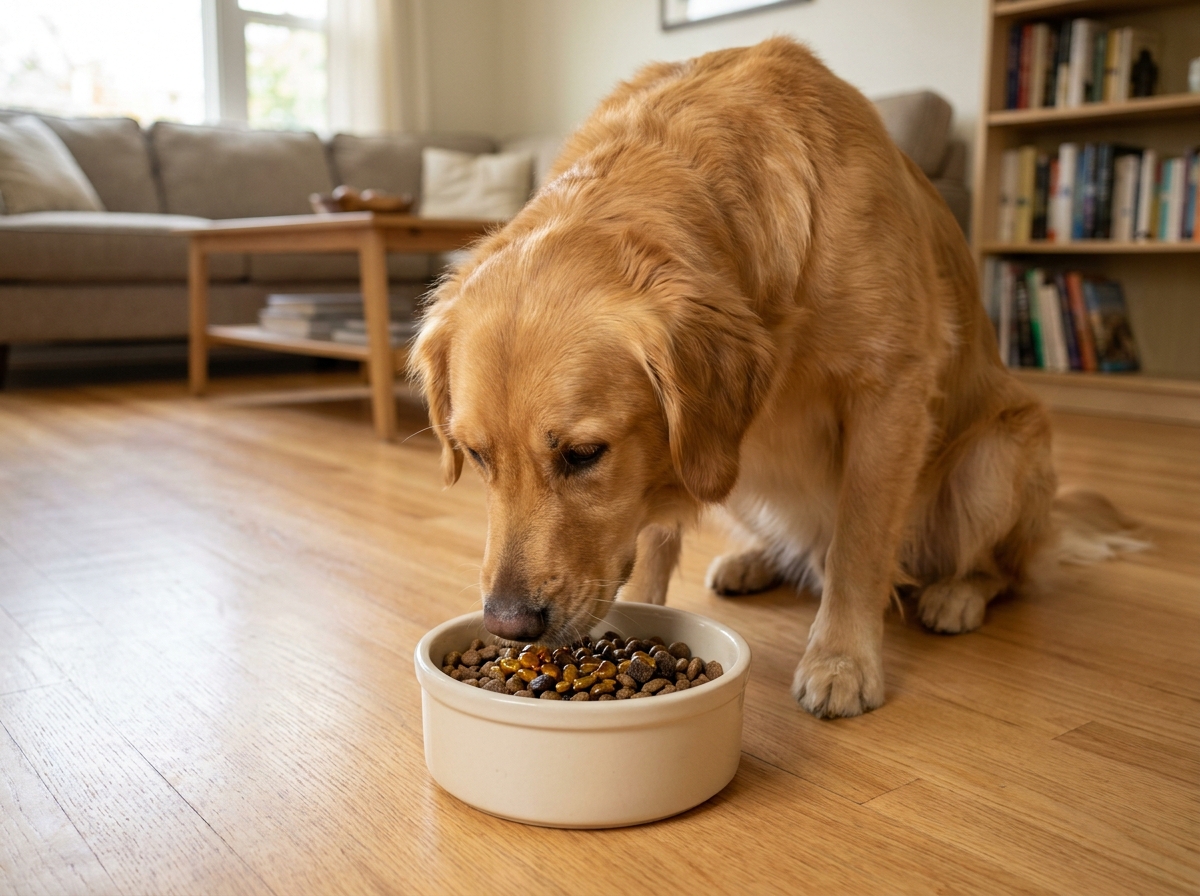 Golden retriever mangeant une gamelle de croquettes enrichie de compléments alimentaires oméga-3 dans un salon moderne