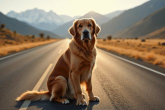 Chien golden retriever triste et mouille assis seul près d'une route en Colorado