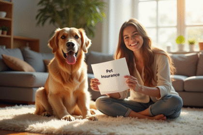 Golden retriever assis sur un tapis dans un salon chaleureux