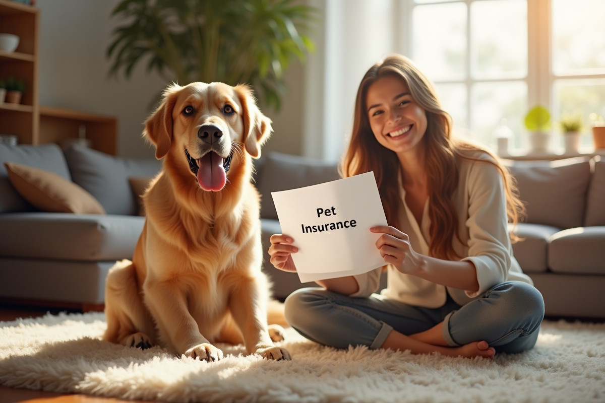 Golden retriever assis sur un tapis dans un salon chaleureux