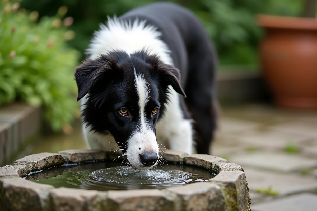 Border collie buvant à une fontaine de jardin avec de la mousse blanche autour du museau