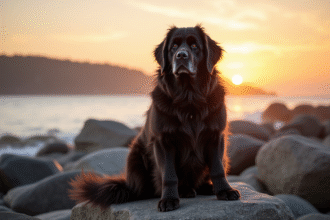 Chien Newfoundland assis sur la côte rocheuse au lever du soleil