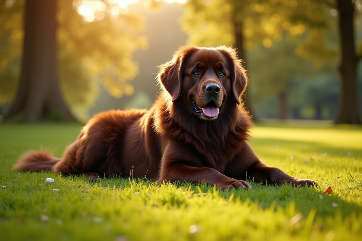 Chien Newfoundland couché dans un parc ensoleille avec pelouse verte