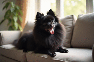 Chien Pomeranian noir assis sur un canapé lumineux