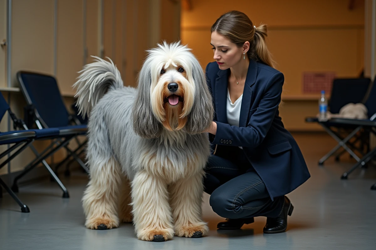 Chien Puli aux longues dreadlocks cordées en coulisses d'un concours canin avec sa maîtresse en 2026