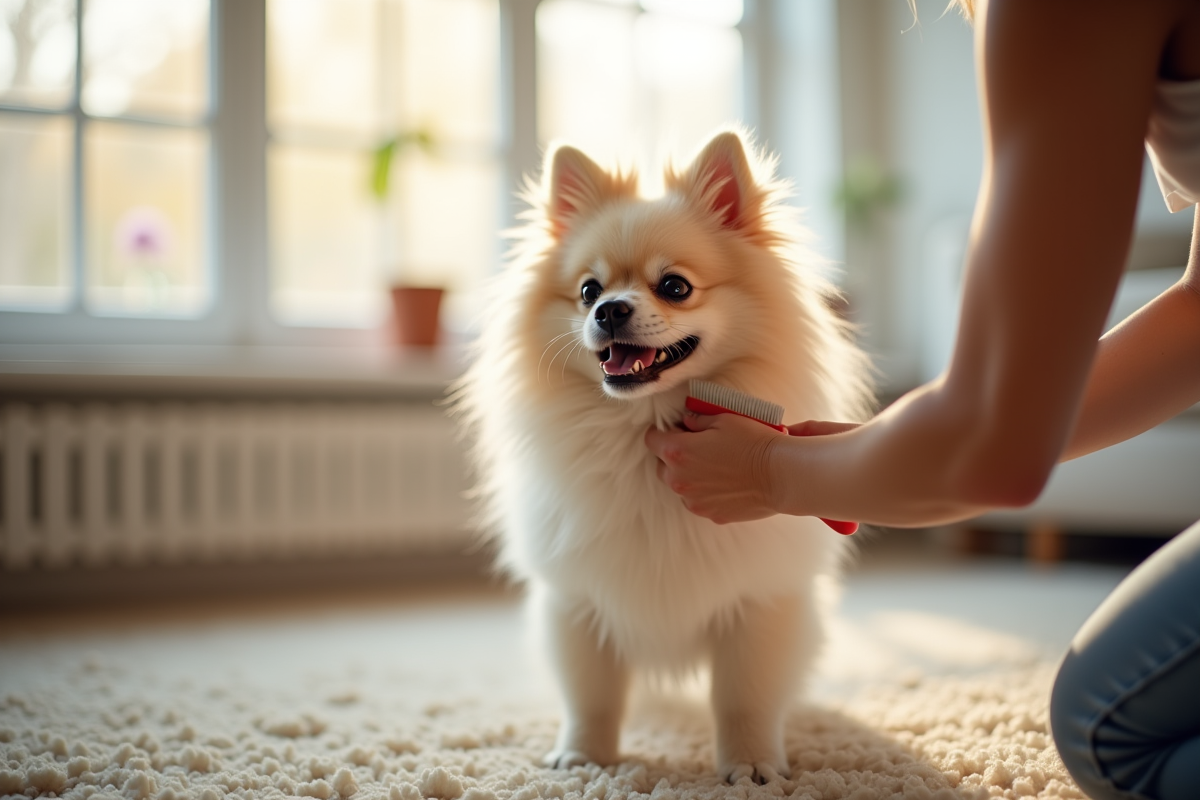 Chien Spitz pelucheux brossé dans un salon lumineux