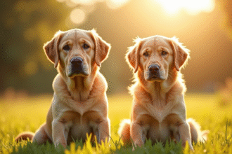 Deux chiens labrador et golden assis dans un champ ensoleille