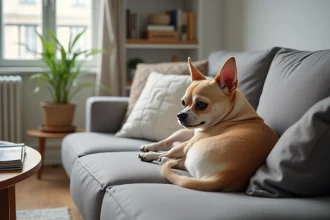 Chihuahua à poil court allongé sur un canapé dans un appartement moderne, chien de petite taille idéal pour la vie en intérieur