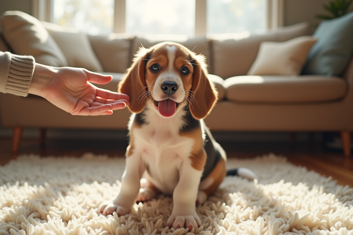 Chiot beagle heureux sur un tapis de salon ensoleille