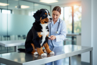 Chiot bouledogue sur table d'examen dans une clinique vétérinaire