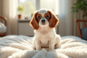 Chiot cavalier king charles assis sur un coussin blanc