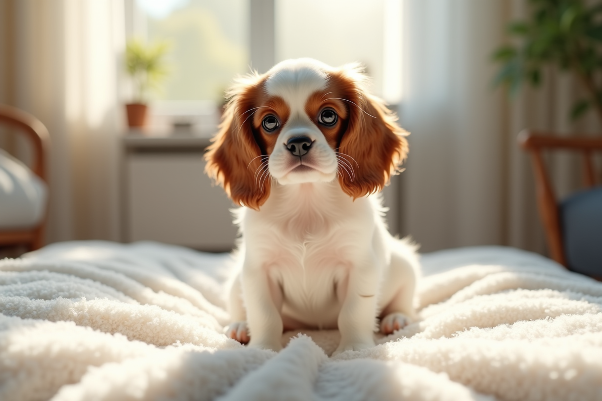 Chiot cavalier king charles assis sur un coussin blanc