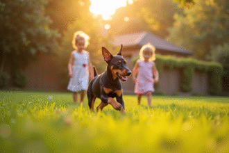 Jeune chiot Doberman jouant avec des enfants dans le jardin