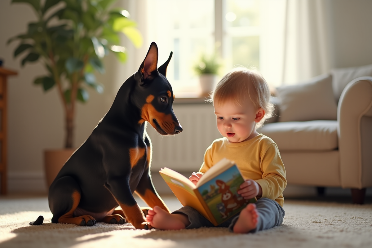 Chiot Doberman assis près d