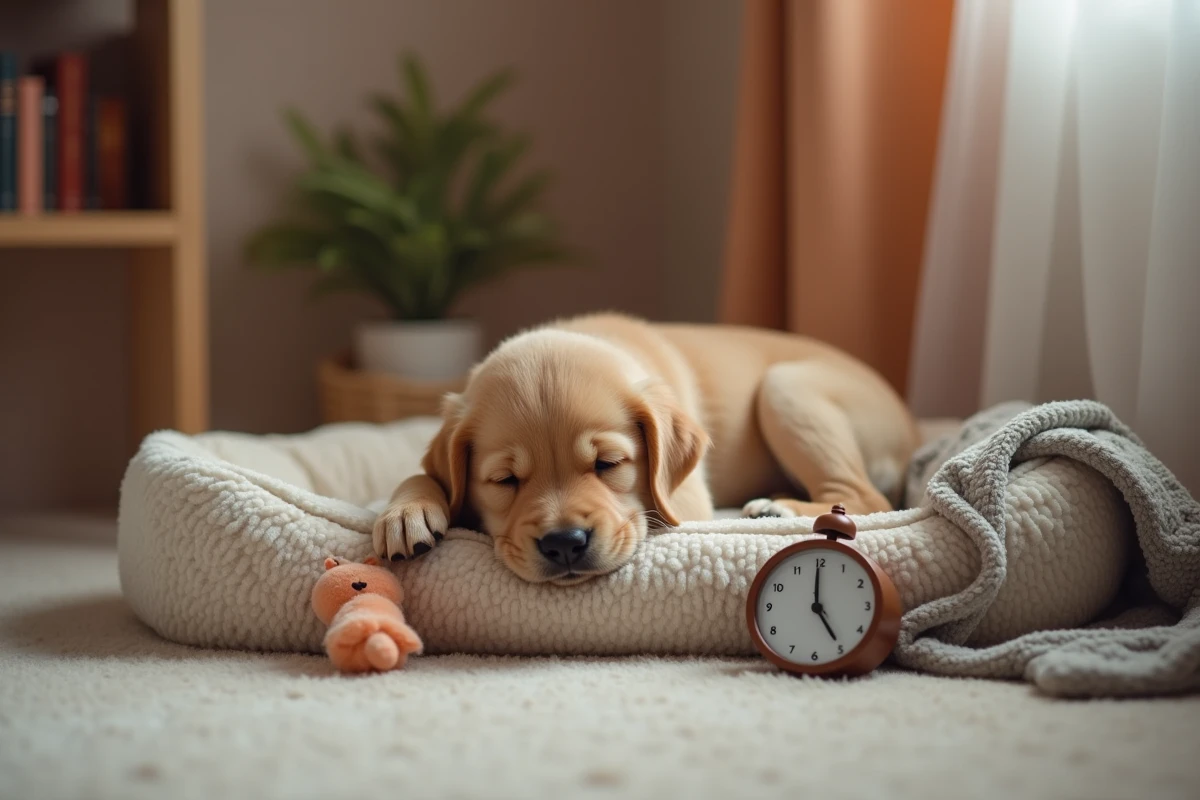 Chiot épuisé après avoir pleuré la nuit, allongé sur son lit avec des objets réconfortants