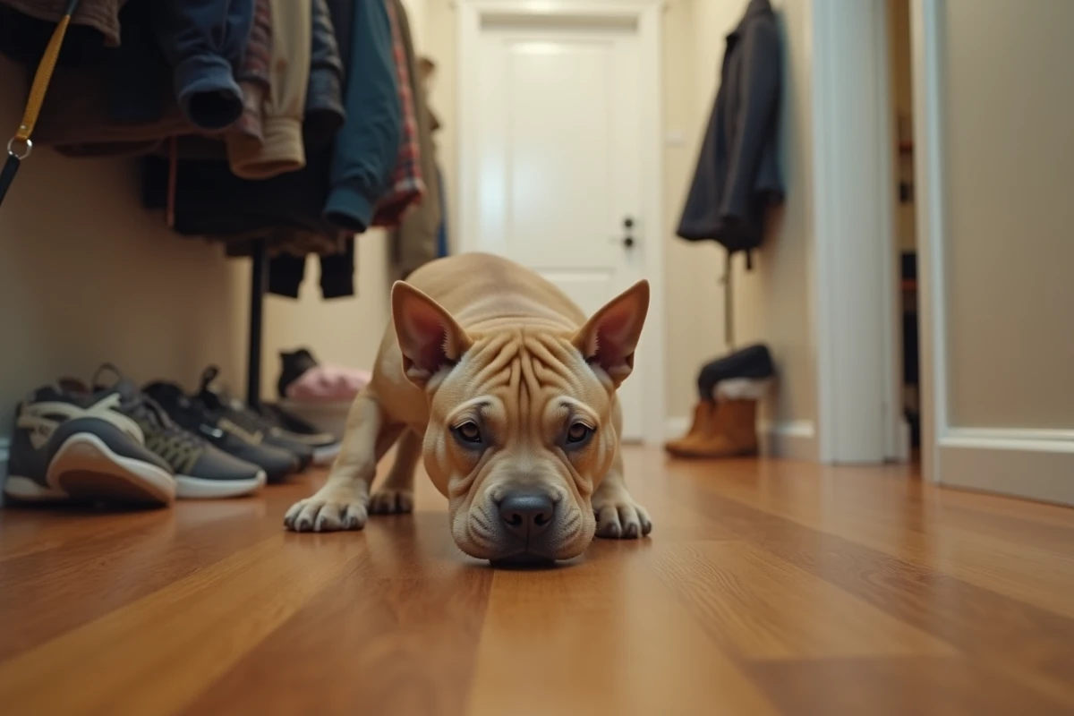 Chiot Exotic Bully explorant le couloir d'un petit appartement urbain, illustrant la vie en espace réduit
