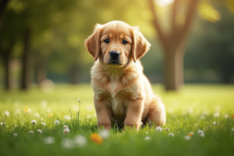 Miniature chiot golden retriever dans un parc ensoleille