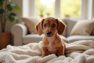 Petit chiot dachshund kaninchen dans un intérieur chaleureux