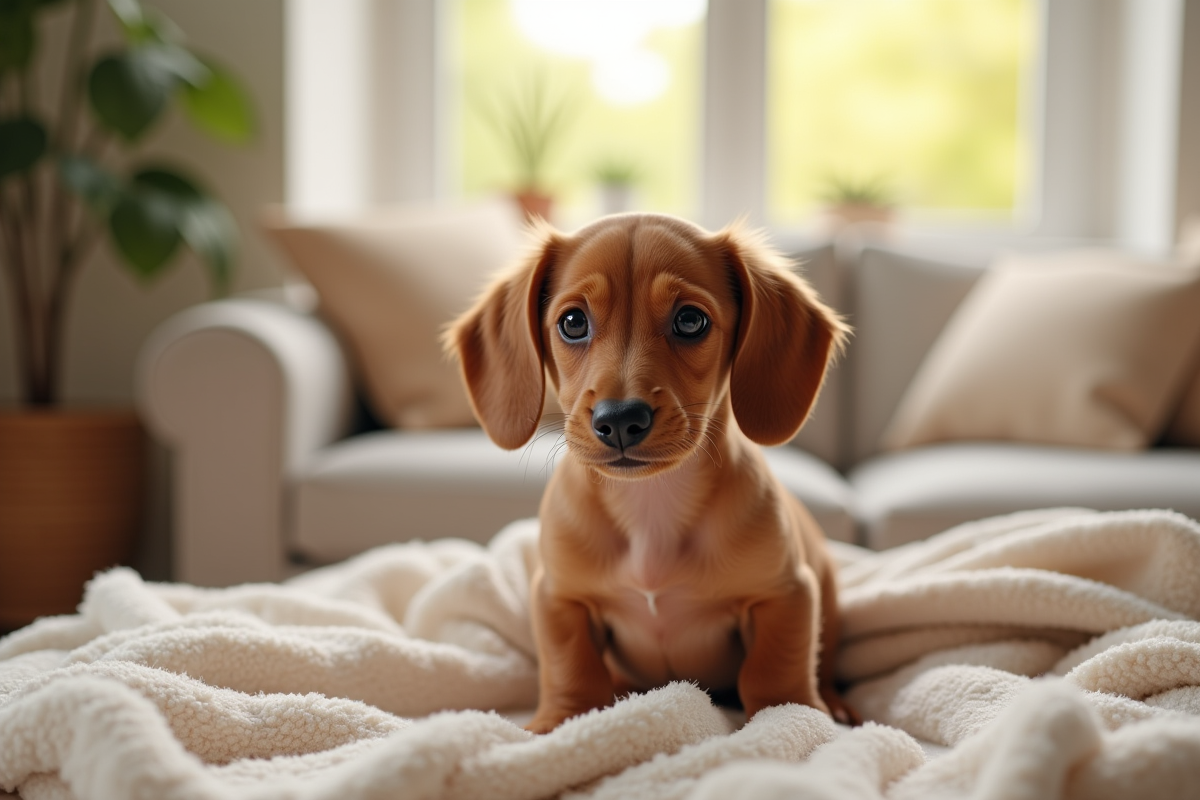 Petit chiot dachshund kaninchen dans un intérieur chaleureux