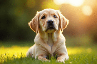 Chiot labrador retriever assis dans un parc ensoleille