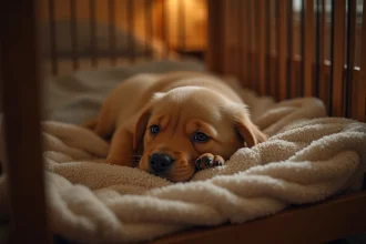 Chiot golden retriever qui pleure seul dans sa cage la nuit, exprimant l'anxiété de séparation