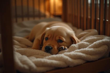 Chiot golden retriever qui pleure seul dans sa cage la nuit, exprimant l'anxiété de séparation
